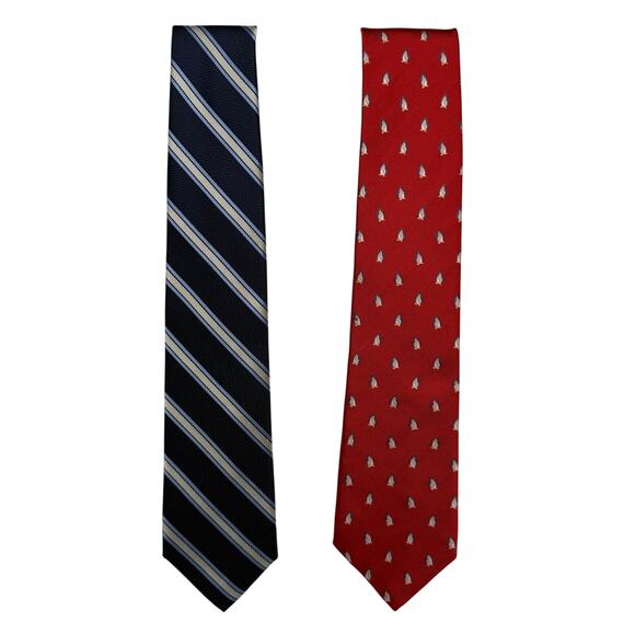 Tommy Hilfiger Silk Tie Set | Classic Striped & Penguin Print Preppy Neckties - Picture 2 of 3